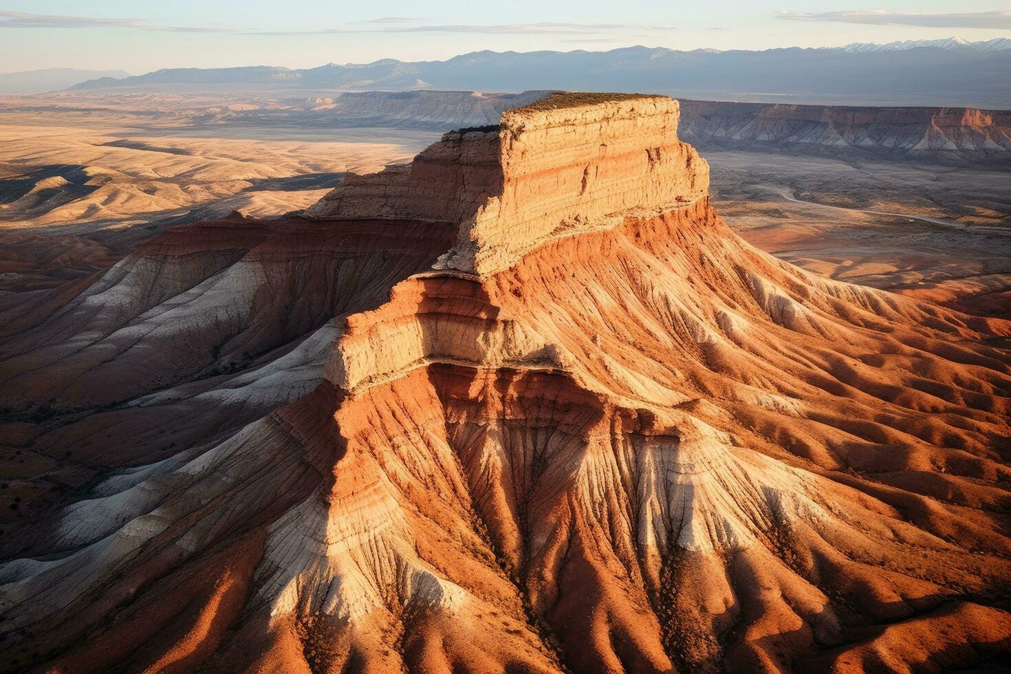 AI generated View of the Hoodoos of the Vermillion Cliffs, Utah, Aerial view of a sandstone butte in the Utah desert valley at sunset, Capitol Reef National Park, Hanksville, United States photo