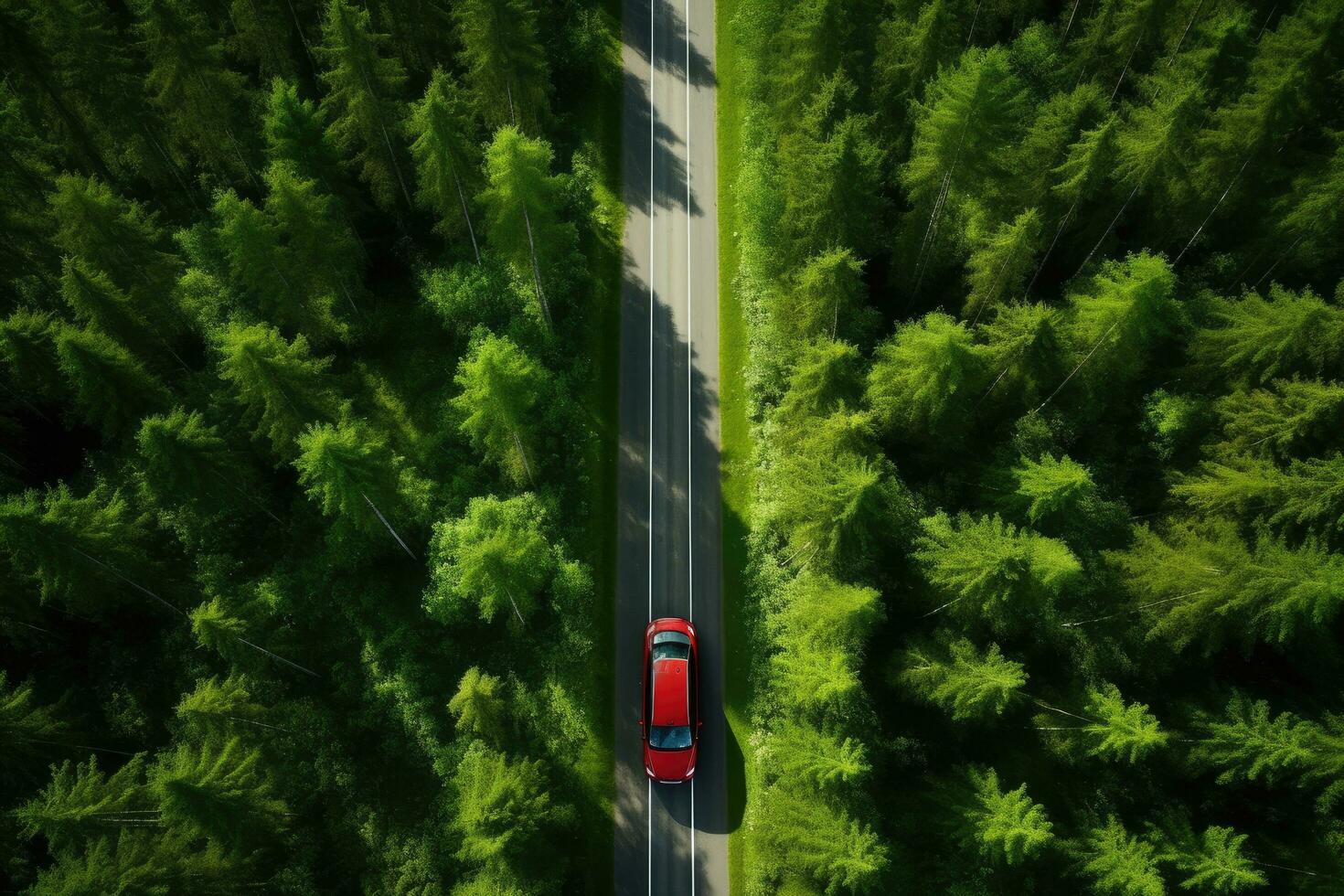 AI generated Aerial view of red car on the road in the green forest, Aerial view of a red car with a roof rack on a green summer forest country road in Finland, AI Generated photo