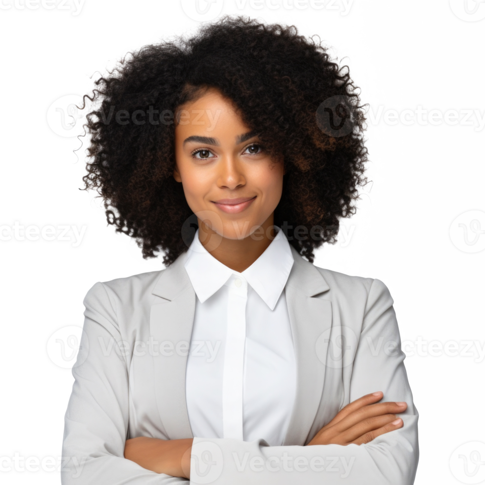 AI generated Portrait of confident black woman with crossed arms on her chest looking at camera. Smiling african american businesswoman isolated on transparent background. png