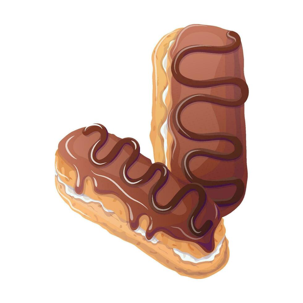 Chocolate eclairs in cartoon style. Vector illustration for poster, banner, website, advertisement. Vector illustration with colorful sweet dessert. Vector illustration