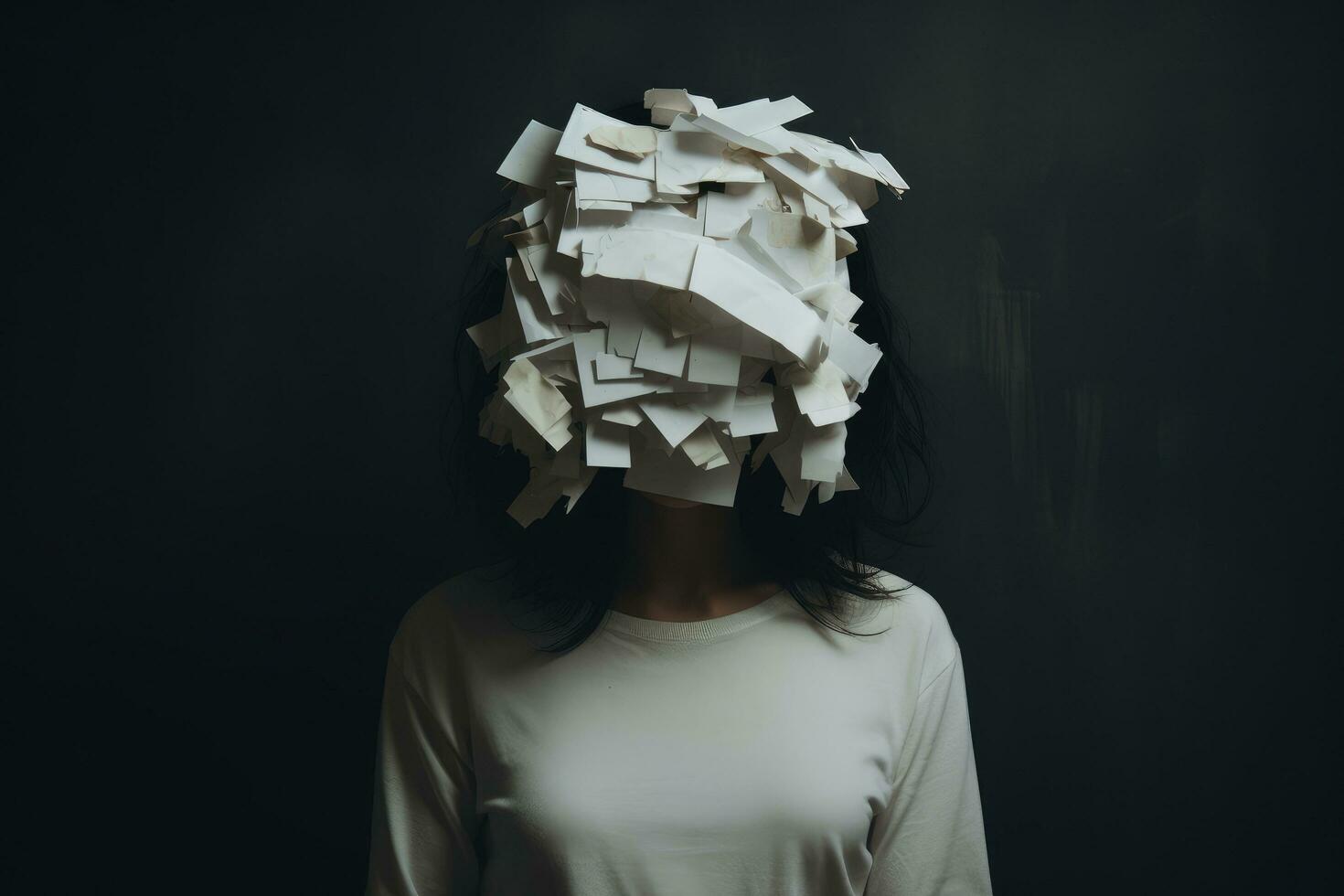 AI generated Young woman with a lot of paper on her head. Portrait, An anonymous woman covering her face with paper, AI Generated photo
