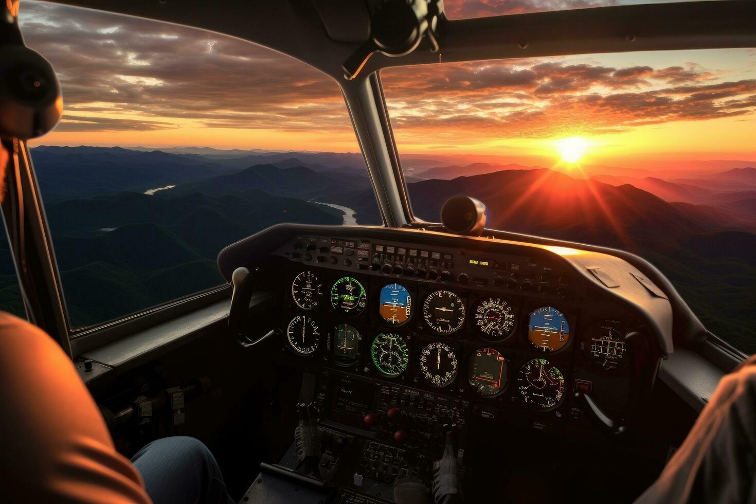 AI generated Helicopter cockpit and view of the sunrise in the mountains, Aerial sunset view over the Blue Ridge Mountains from the cockpit of a private aircraft, Sky with clouds, Sky background photo