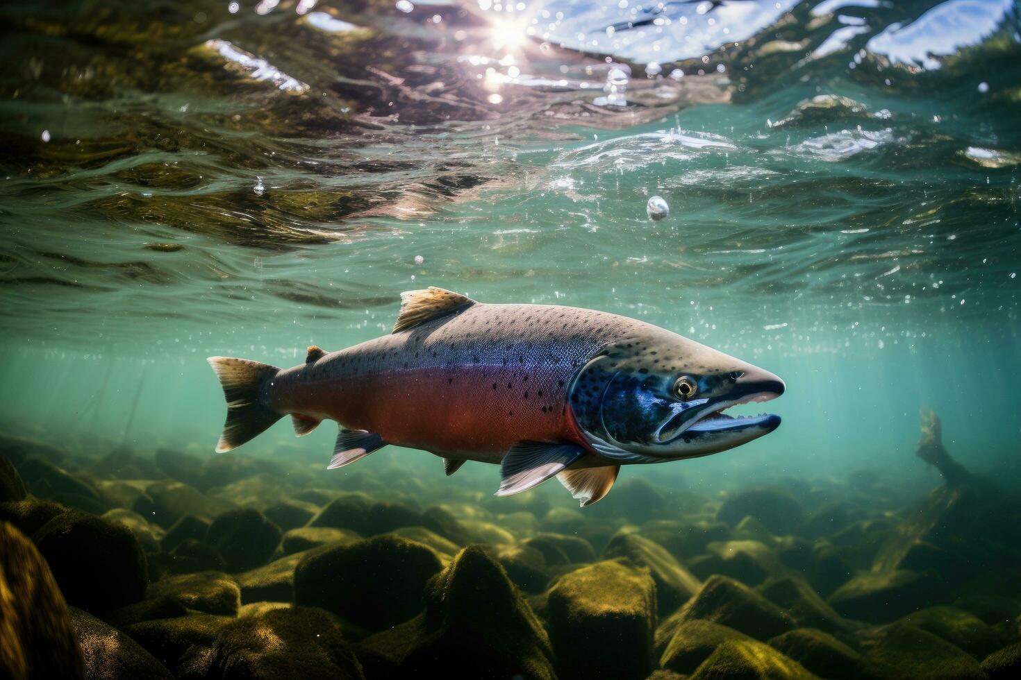 AI generated Rainbow trout Salmo tricolor swimming underwater, Action shot of a salmon jumping out of the water in a clear stream, AI Generated photo