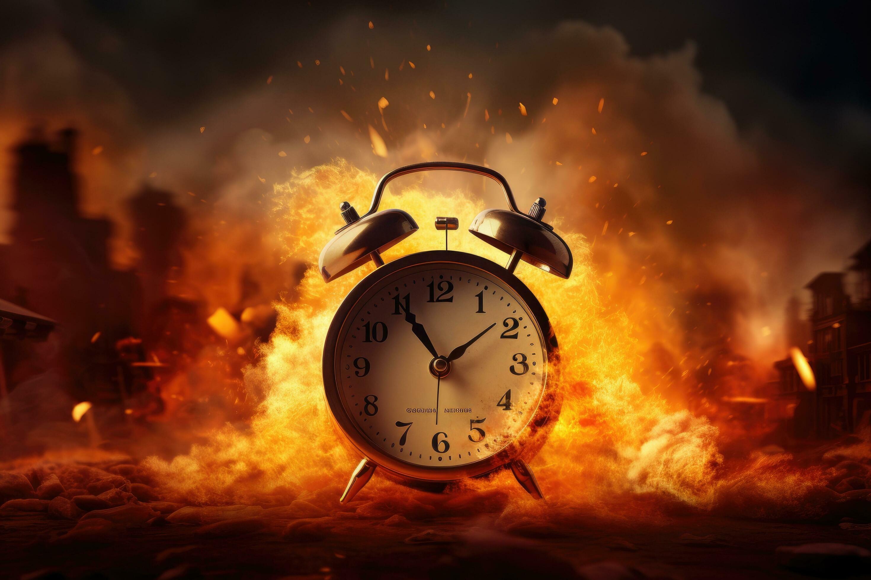 AI generated Alarm clock on fire background. Time management concept