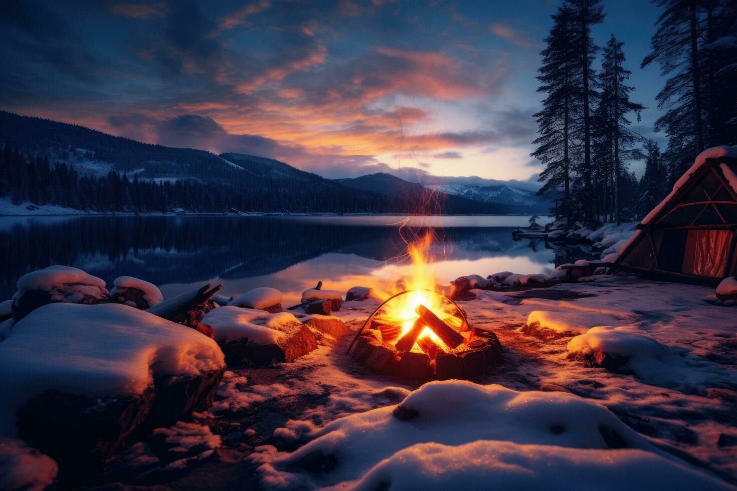 AI generated Campfire on the shore of a lake in the mountains at sunset, A camp by the lake with a campfire in winter at dusk, AI Generated photo