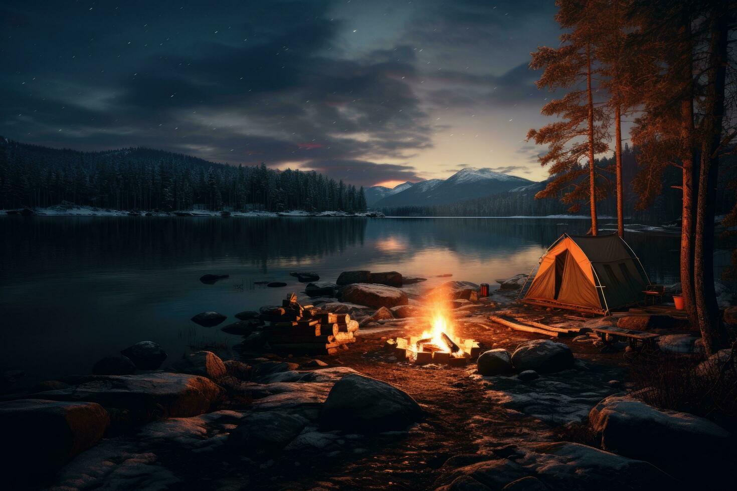AI generated Camping on the shore of a lake at night in the mountains, A camp by the lake with a campfire in winter at dusk, AI Generated photo