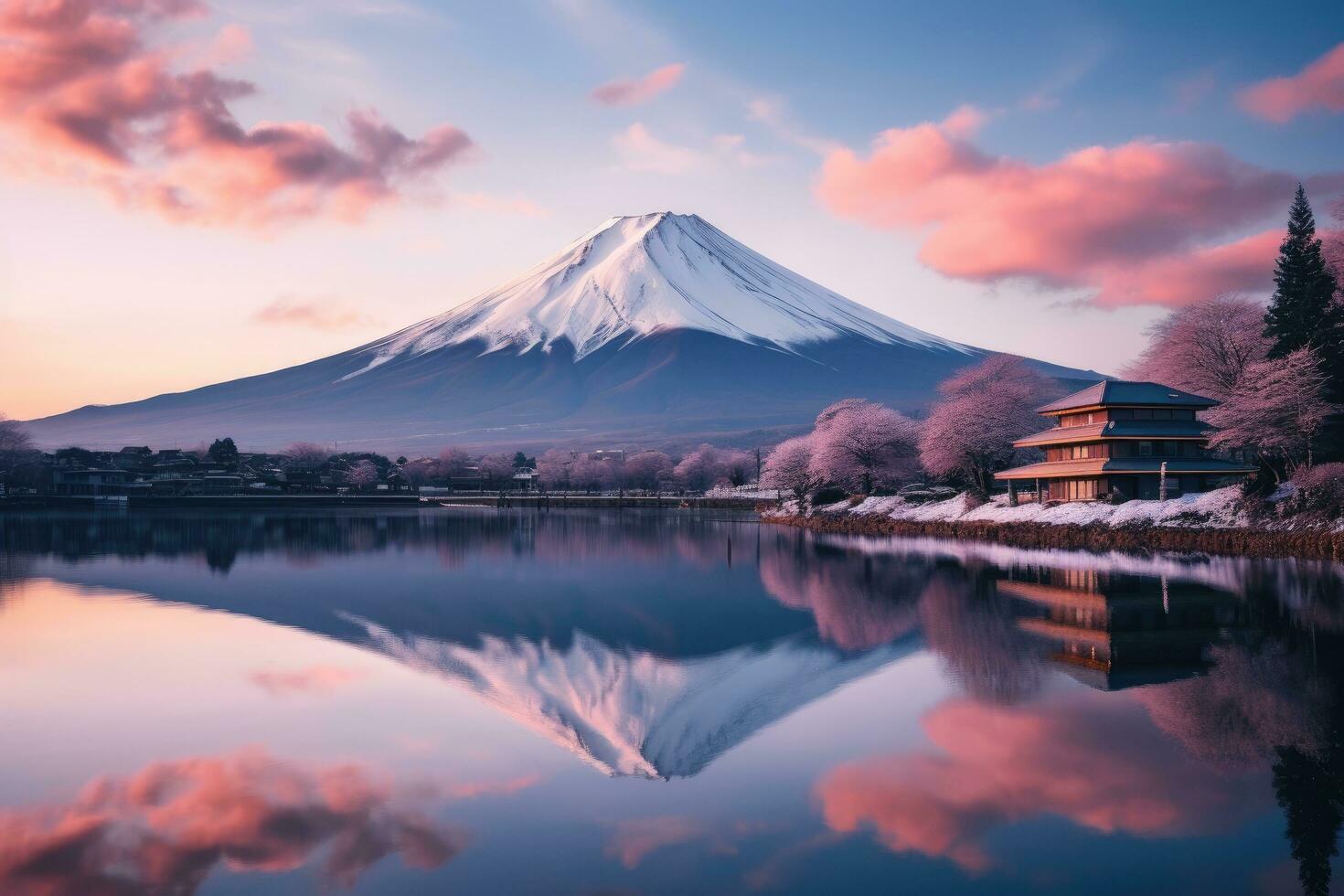 AI generated Mt Fuji with cherry blossom at Kawaguchiko lake in Japan, A beautiful scenic landscape of Mount Fuji or Fujisan with reflection on Shoji Lake at dawn, with a twilight sky in Yamanashi photo