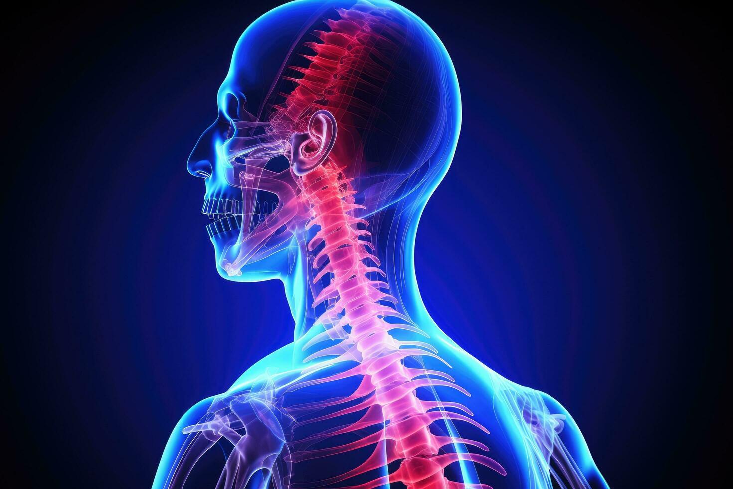 ai generado radiografía imagen de humano cuerpo, radiografía imagen de cráneo, 3d ilustración de cuello dolor, cervical espina esqueleto radiografía, médico concepto, ai generado foto