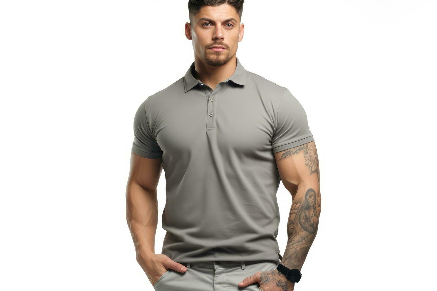 AI generated Handsome tattooed man in grey t-shirt on white background, A male model wearing a simple gray ash polo shirt on a white background, , with front and back views, AI Generated photo