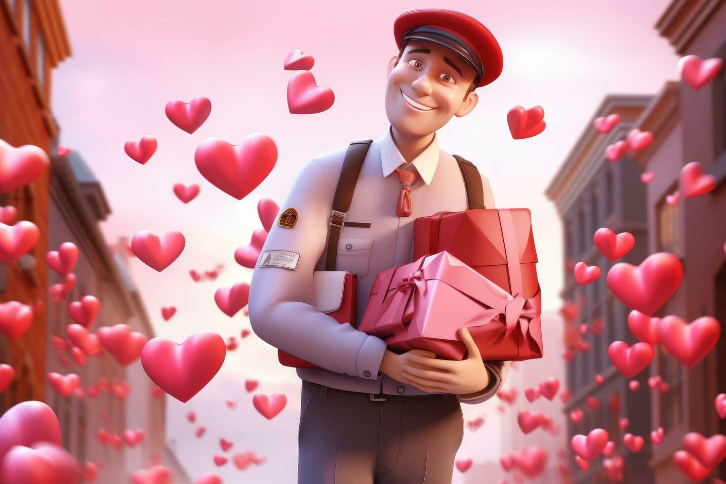 ai generado contento entrega hombre con regalo cajas en el ciudad. San Valentín día concepto, 3d ilustración de un hermoso hombre entregando san valentin, ai generado foto