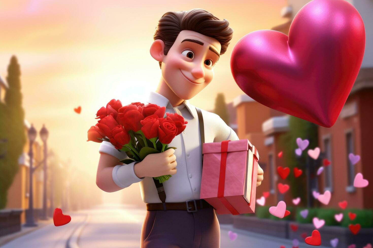 AI generated 3D illustration of a man with a bouquet of red roses and a gift box, 3D illustration of a handsome man delivering valentines, AI Generated photo