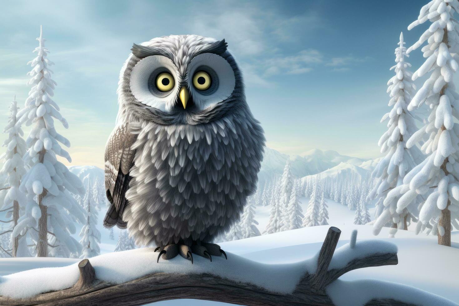 AI generated Owl sitting on a branch in the winter forest. 3d render, 3D cartoon illustration of a great grey owl in the winter, AI Generated photo