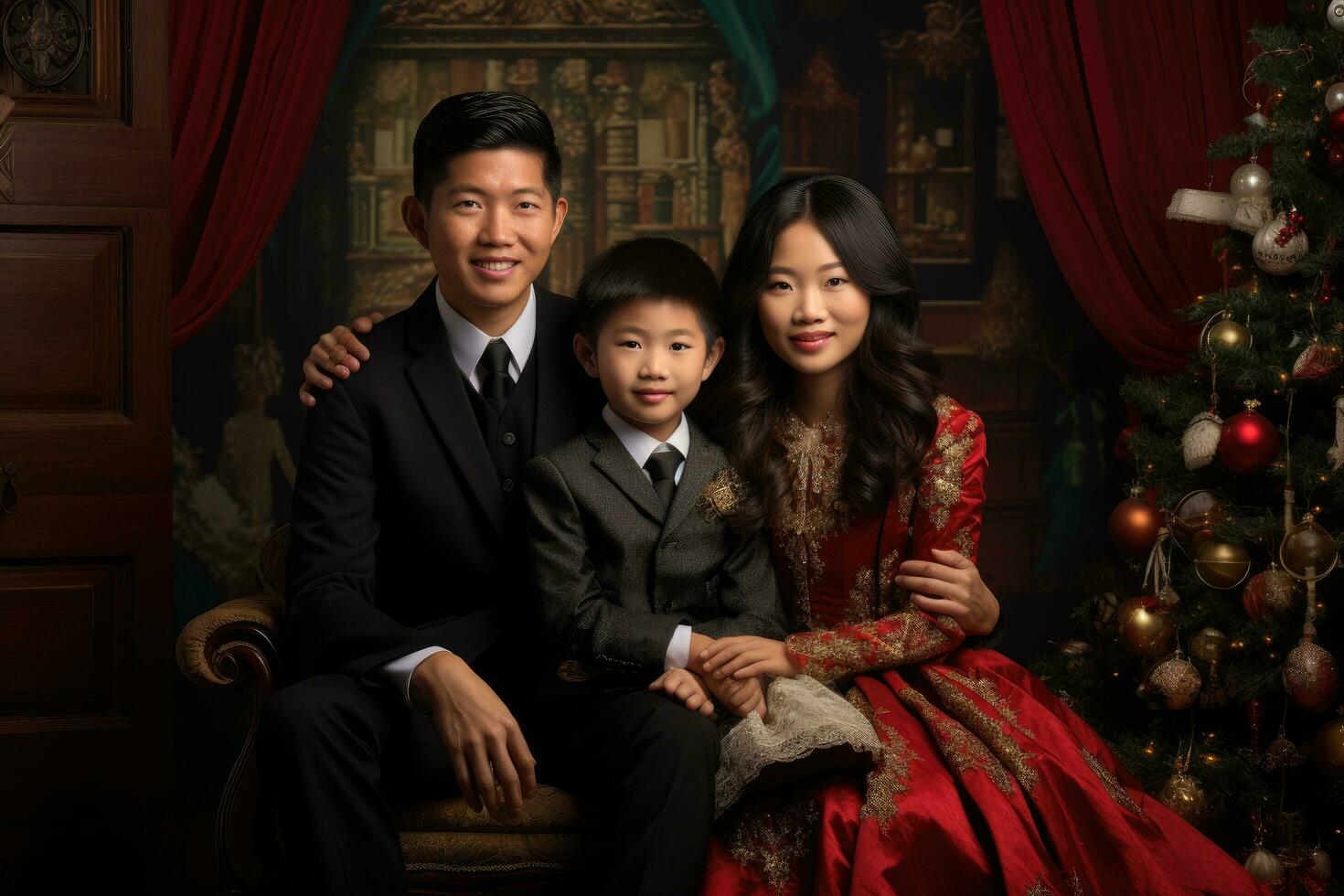 AI generated Happy asian family sitting on sofa with dog in Christmas decoration, Asian family posing for Christmas photograph, AI Generated photo