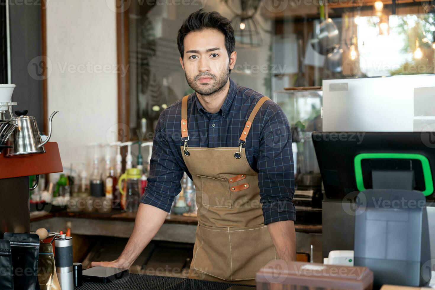 Business man owner open on the first day of business. guarantees safety, cleanliness, open the coffee shop. open for New normal. Small business, welcome, restaurant, home made photo