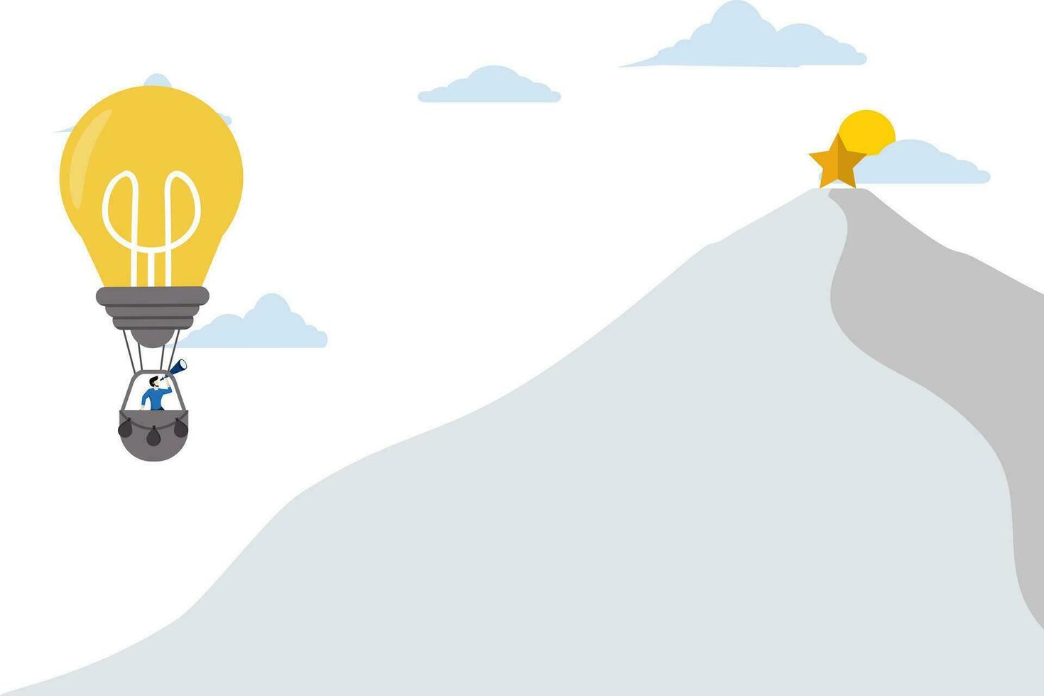 Idea concept in business. reach the peak of your career. business character flying in the sky with a hot air balloon Looking at the stars over the mountain through binoculars. flat illustration. vector