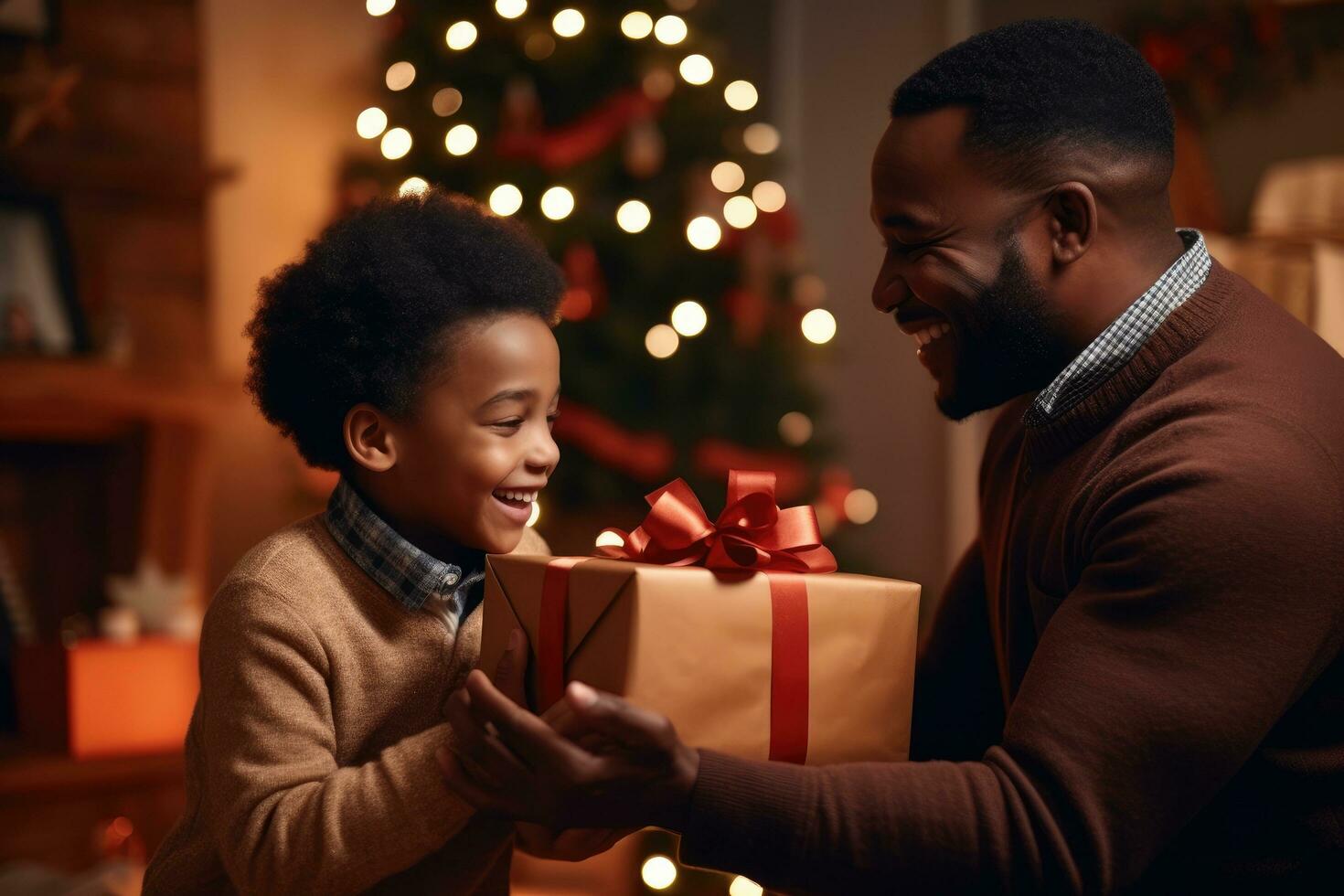 ai generado alegre Navidad y contento Días festivos alegre joven africano americano hombre y su pequeño hija intercambiando regalos a hogar, africano americano niño hijo dando regalo caja a papá para fiesta foto