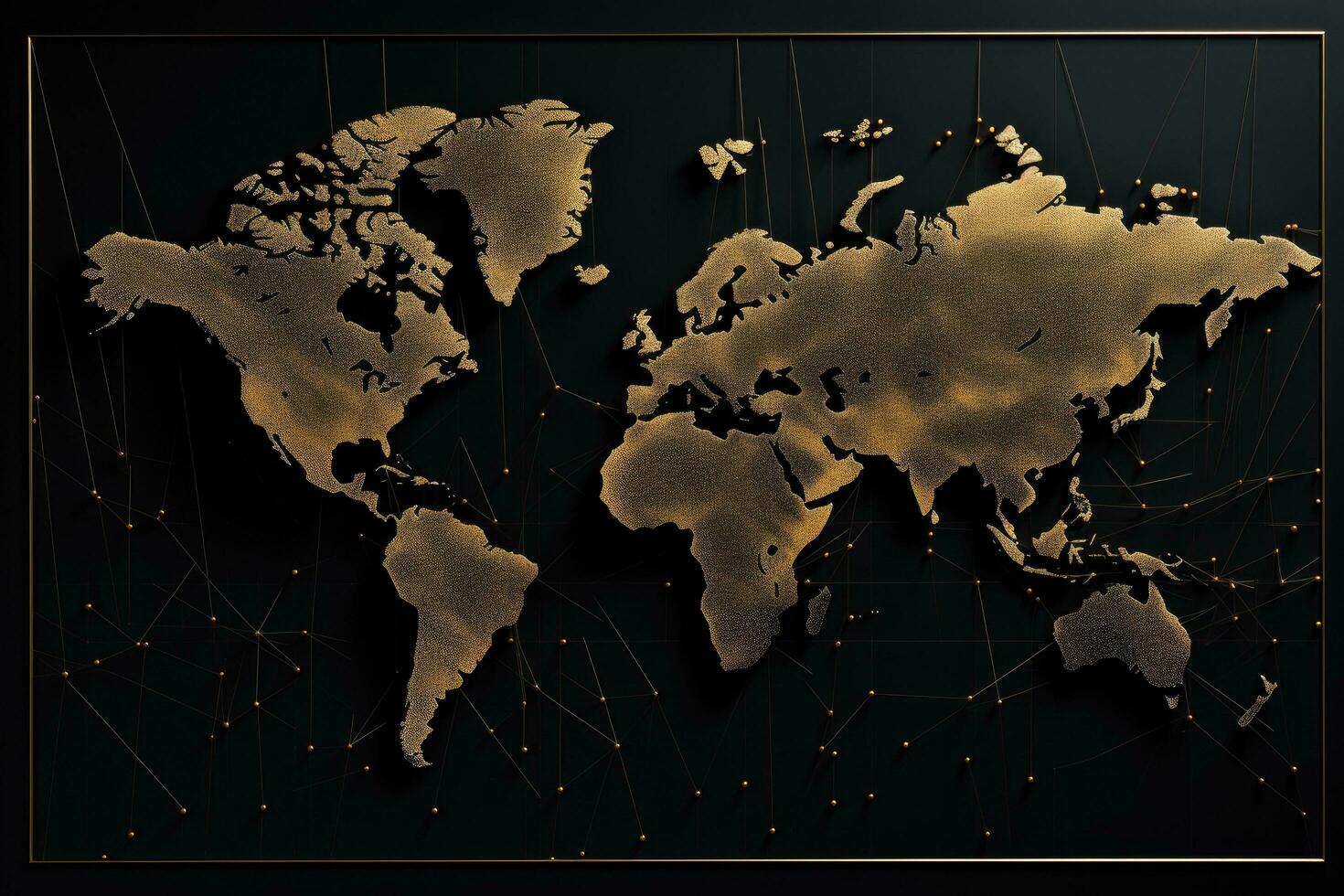 AI generated Map of the world on a black background with gold elements. Vector illustration, Abstract mash line and point scales on a black background with a world map, AI Generated photo