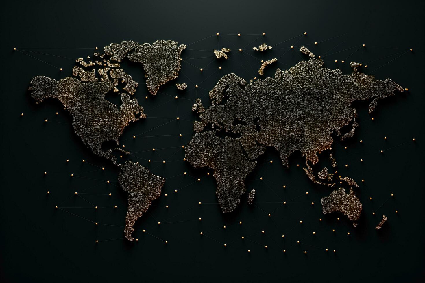 AI generated Map of the world made of gold on black background. 3d rendering, Abstract mash line and point scales on a black background with a world map, AI Generated photo