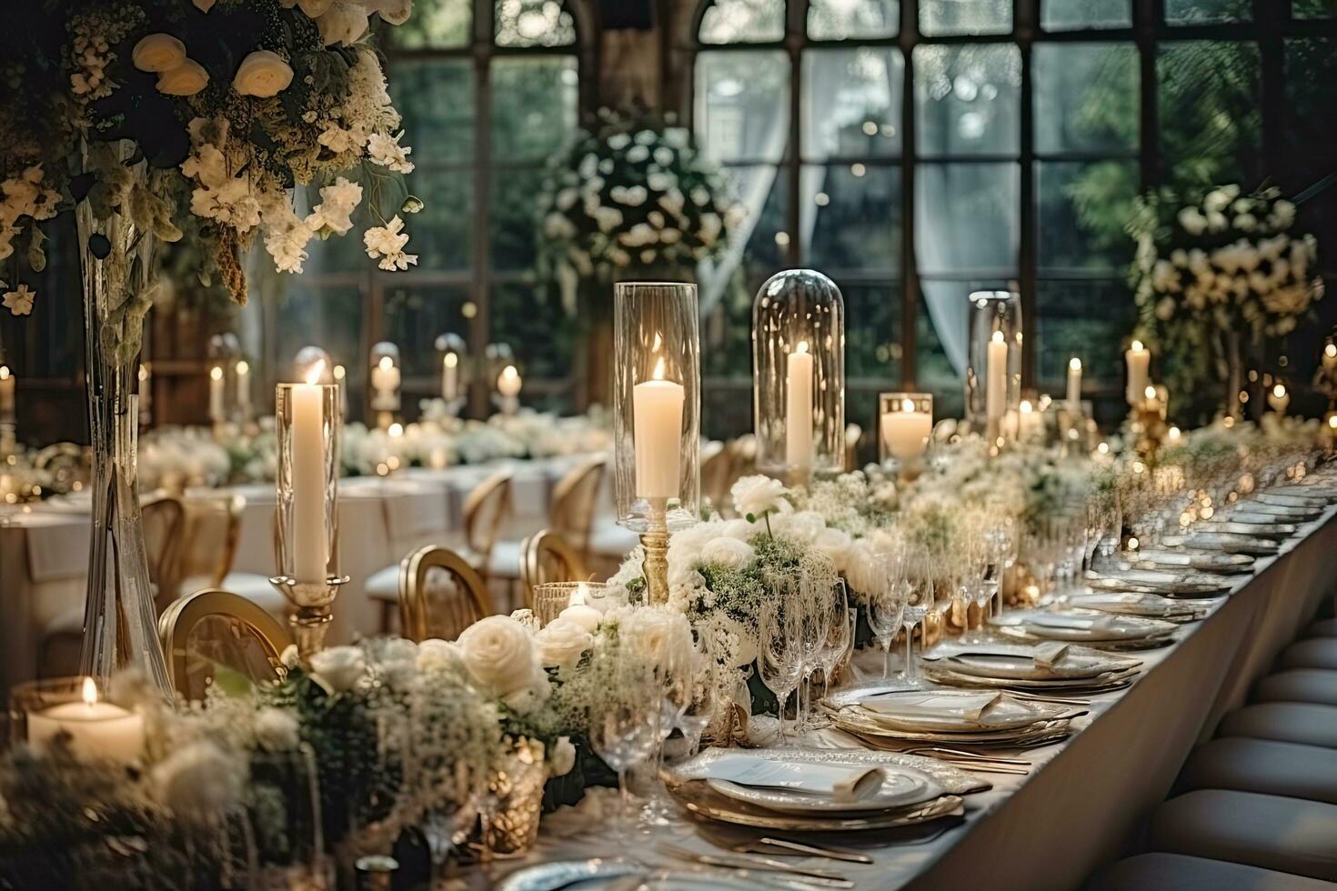 ai generado Boda mesa decoración con velas y flores banquete sala, Boda banquete mesa decorado con flores y velas, Boda lugar de eventos interior, ai generado foto