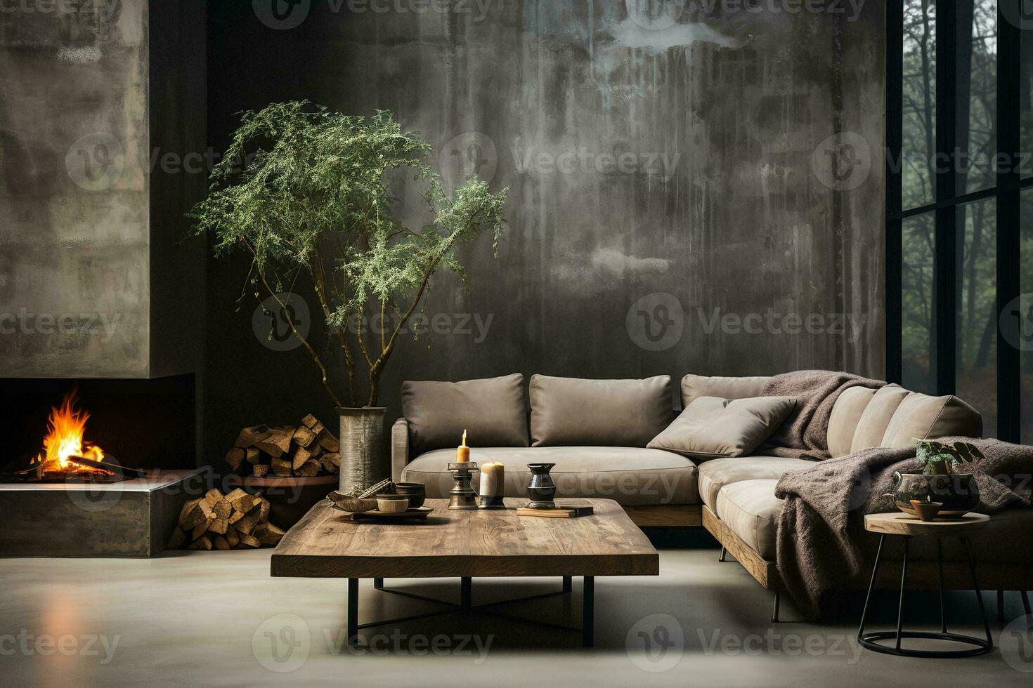 AI generated The room is decorated with a gray sectional sofa, a wooden coffee table, and a bookshelf. The windows offer a view of the autumn foliage outside. photo