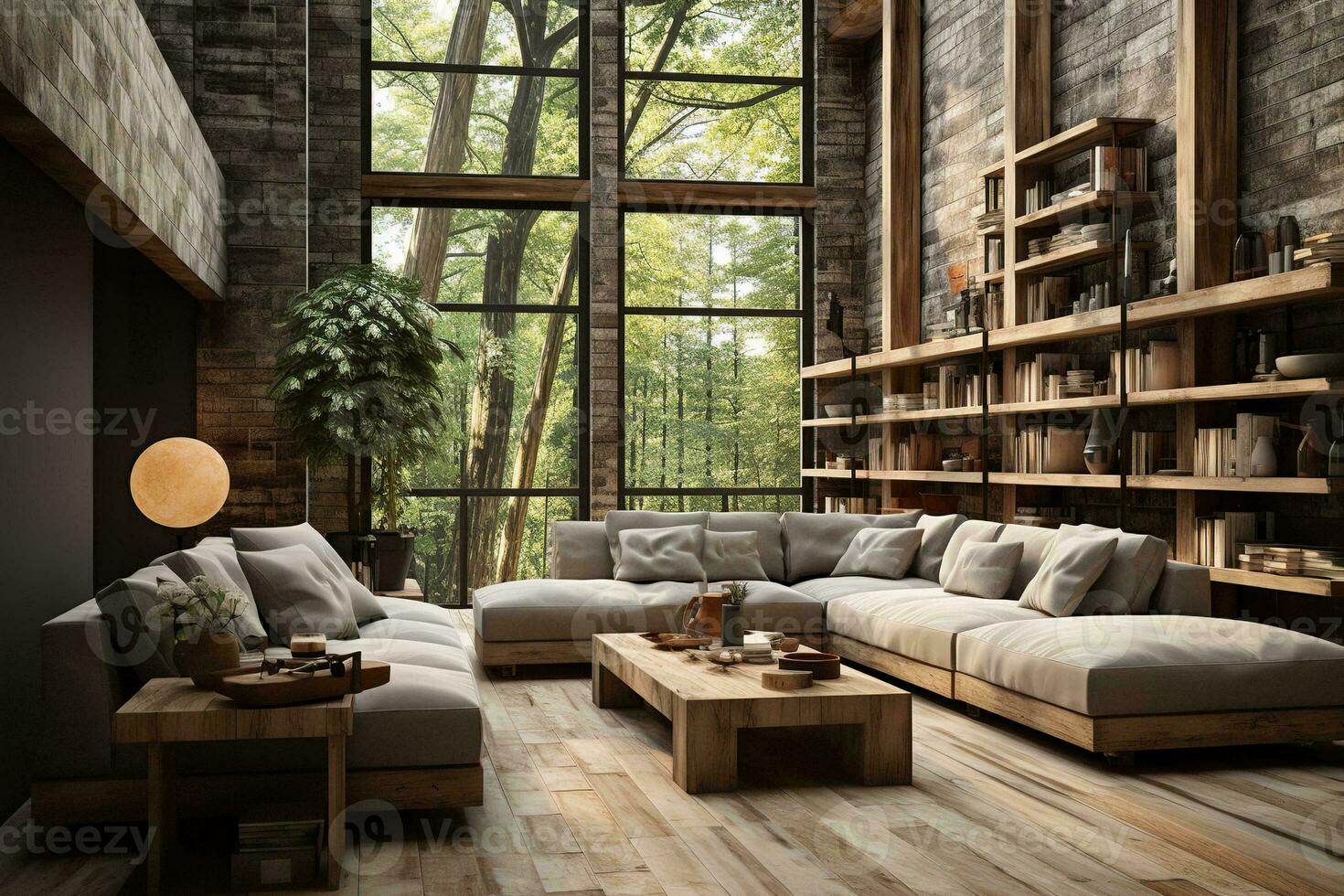 AI generated Cozy living room with a large couch, coffee table, and bookshelves filled with books and other decorative items. The room has a warm and inviting atmosphere, with soft lighting photo
