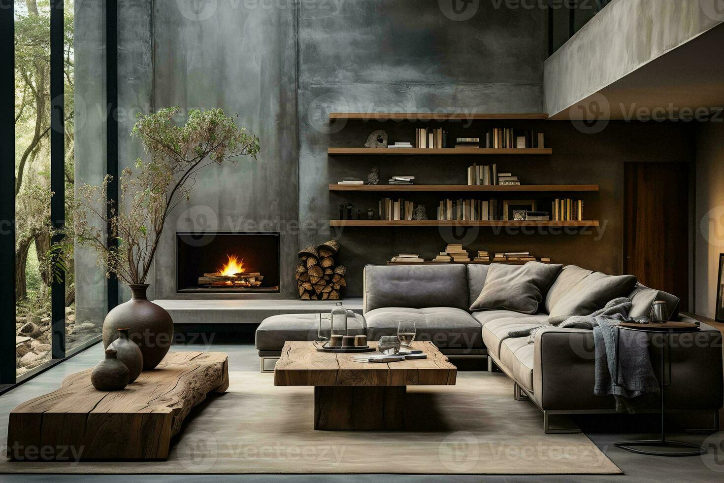 AI generated a modern living room with a cozy fireplace, comfortable sofa, and beautiful outdoor view. The room is decorated with a minimalist style, natural materials, and neutral colors. photo