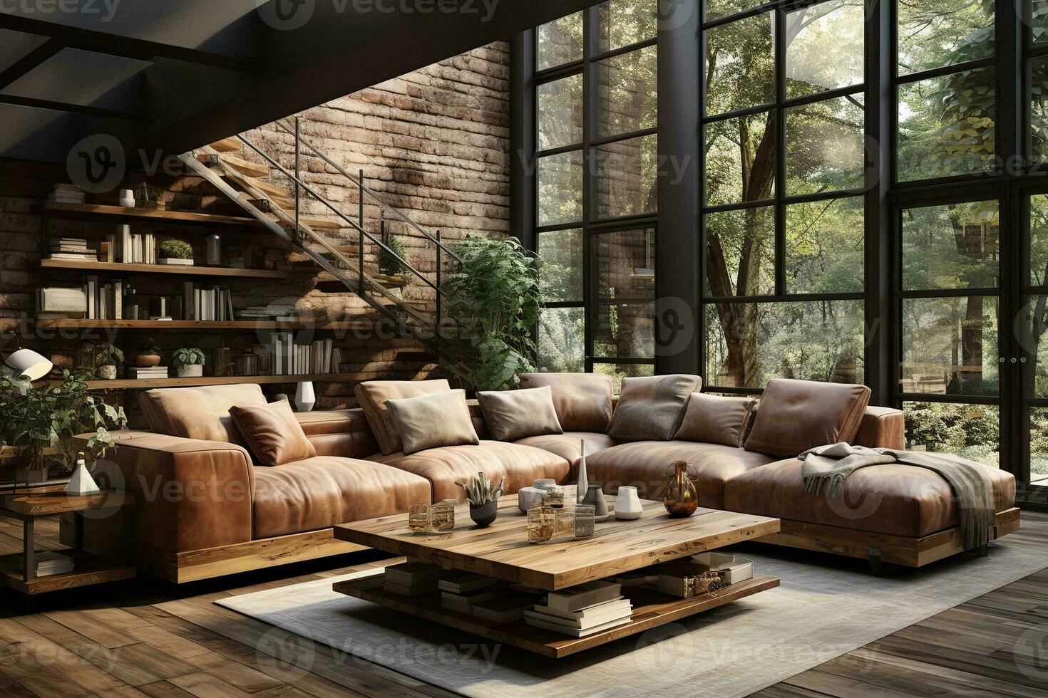AI generated Modern living room with a brown leather sectional couch, wooden coffee table, and area rug. The living room has a lot of natural light coming in from the windows. photo