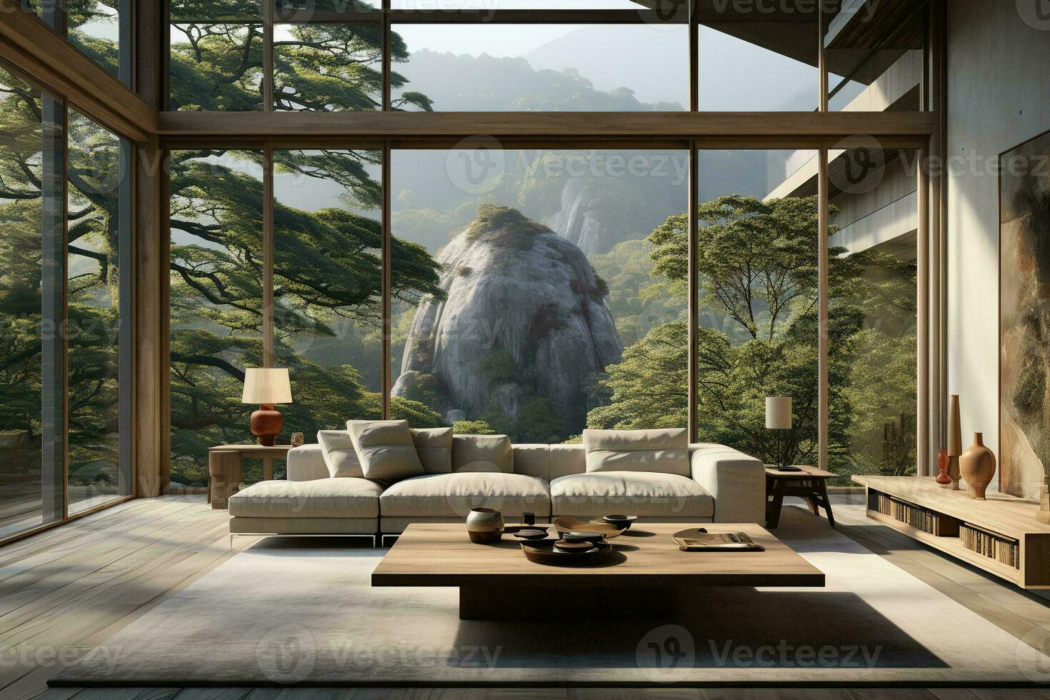 AI generated Airy and minimalist living room with a white couch, coffee table, and rug, nestled in front of a large window with breathtaking mountain views. The room is decorated with clean lines photo