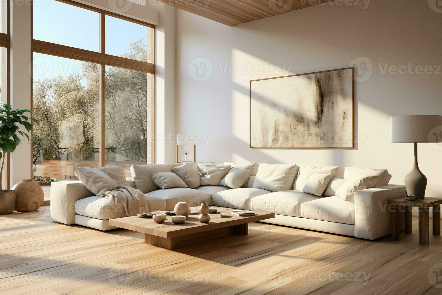 AI generated A photo-realistic image of a modern living room with a stunning view of nature. The room is furnished with a white sectional sofa, a wooden coffee table, and a wooden side table. photo