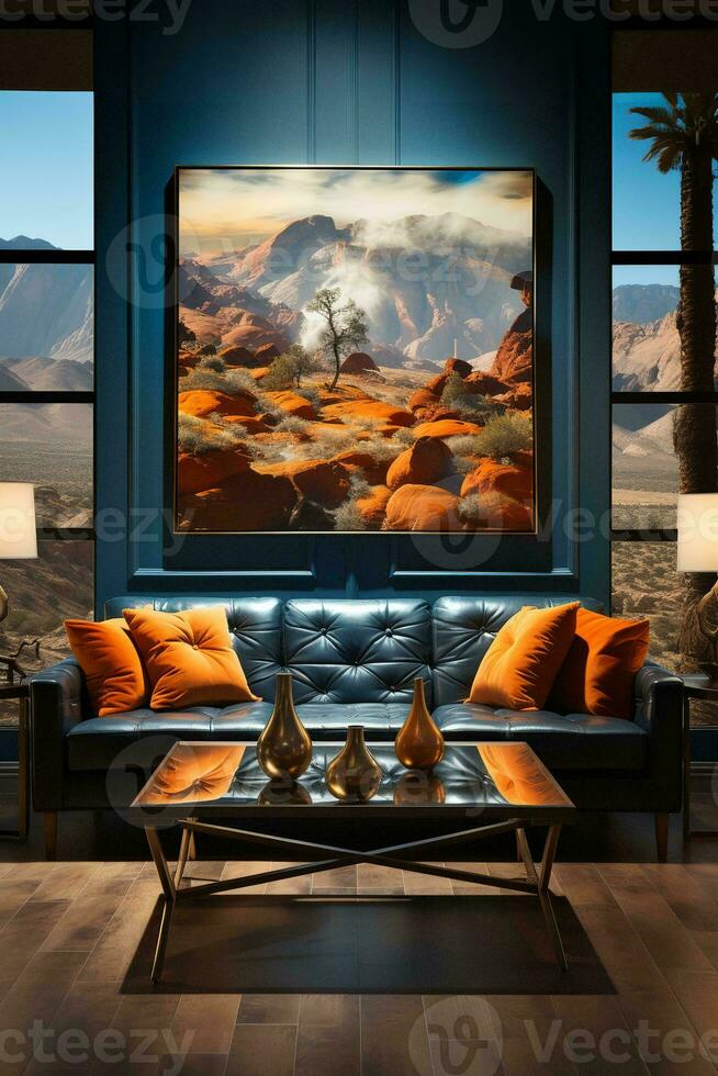AI generated a living room with a large landscape painting hanging above a blue leather couch. The painting is of a mountainous desert scene with orange rocks and a blue sky. photo