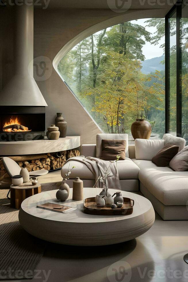 AI generated The room is furnished with a white sectional sofa, a wooden coffee table, and a wooden side table. The floor is made of light wood and the walls are white. photo