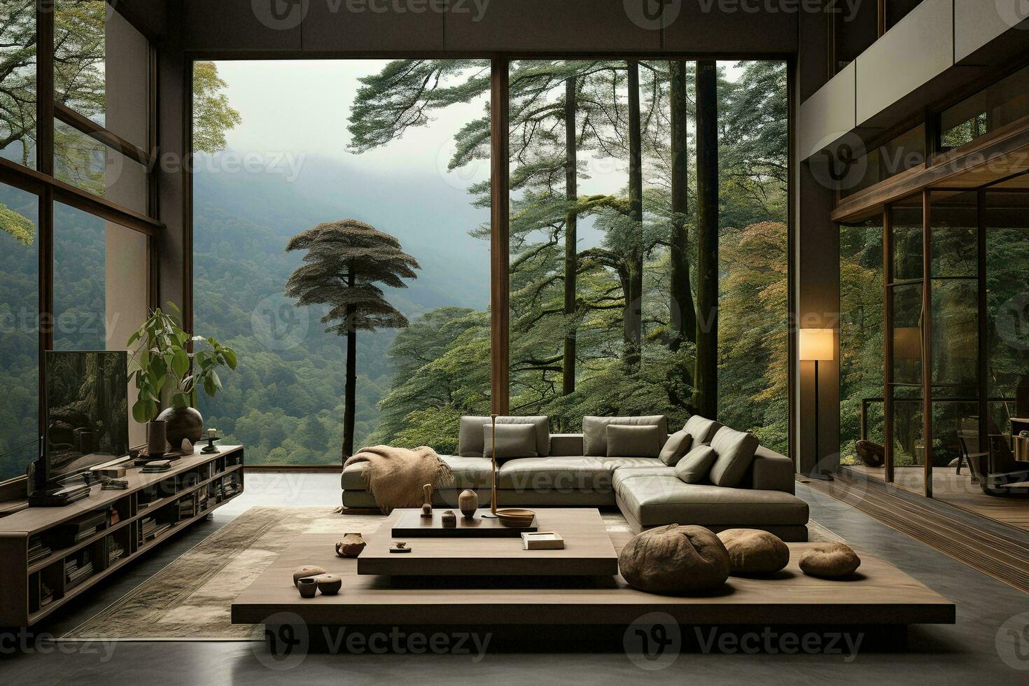 AI generated Stunning modern living room with a large window showcasing a lush forest view, furnished with a sleek black couch and coffee table. The neutral color palette and minimalist decor photo