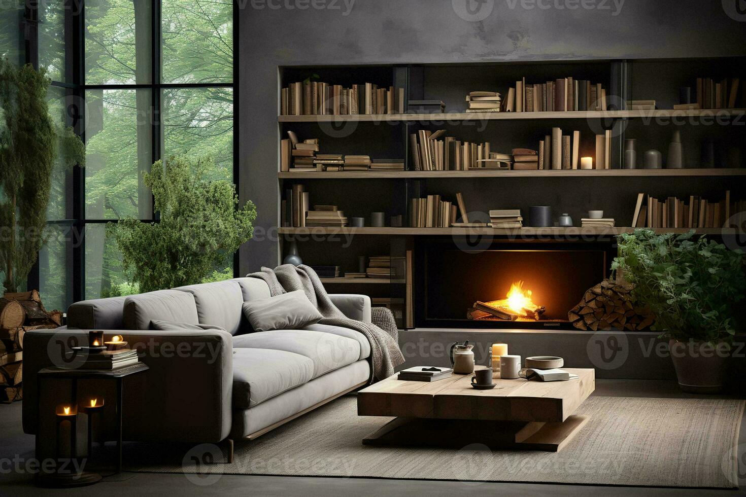 AI generated Spacious mid-century modern living room with fireplace, leather couch, wood coffee table, rug, and abstract artwork. The fireplace is the focal point of the room, and the leather couch photo