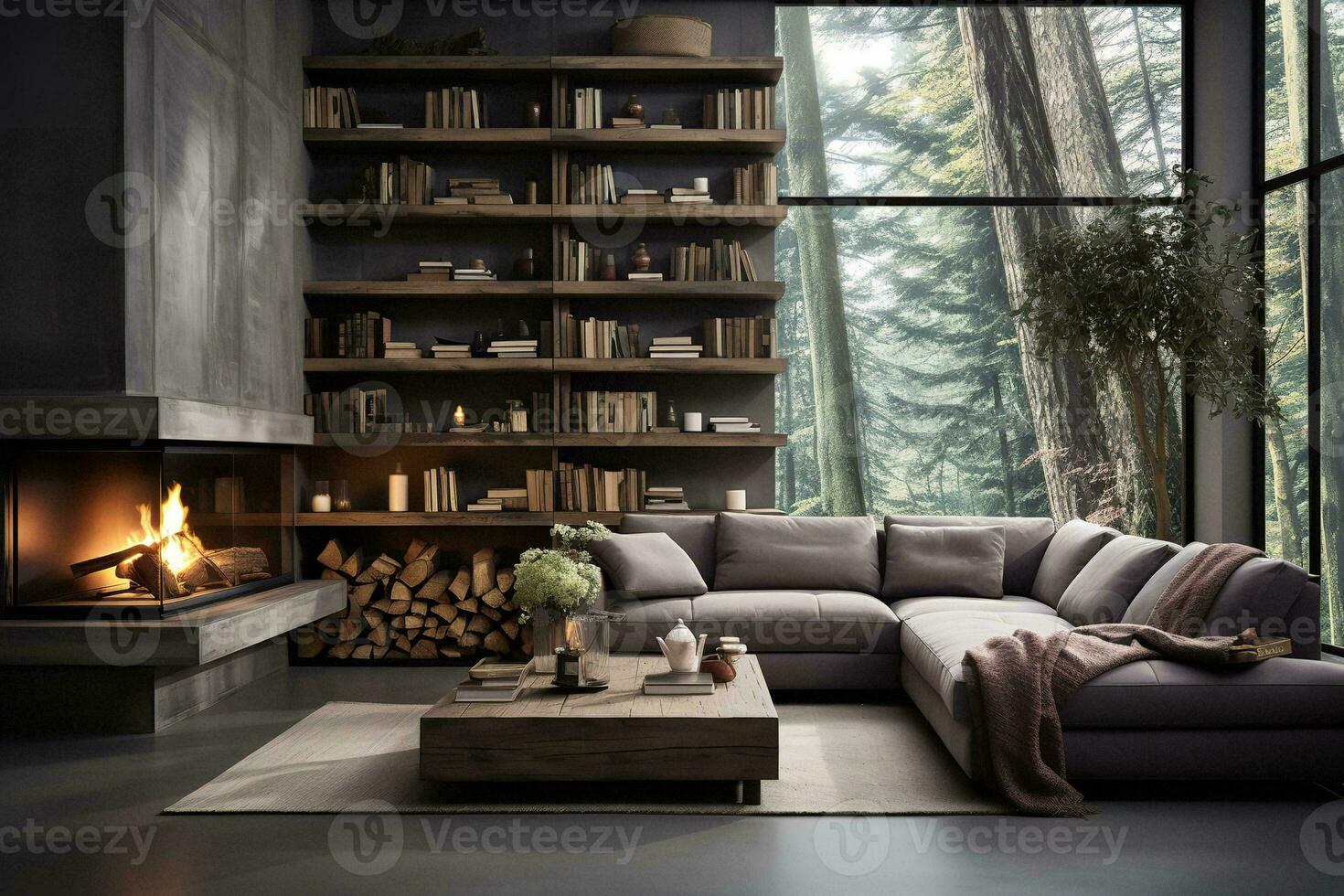 AI generated Warmly inviting living room with fireplace, plush couch, coffee table, ottoman, and bookshelves. The fireplace is the focal point of the room, and the couch is perfectly photo