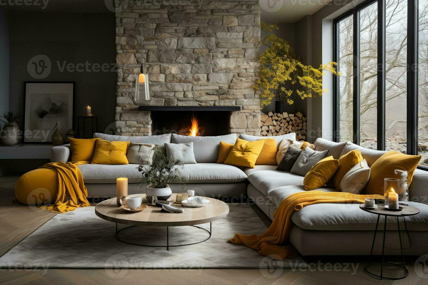 AI generated Spacious modern living room with a fireplace, couch, TV, and large windows. The living room has a lot of natural light coming in from the windows. The couch is upholstered in a soft, photo