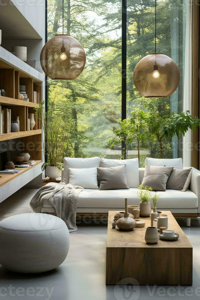 AI generated a modern living room with a white sofa, wooden coffee table, and large windows overlooking a forest. The room is decorated with plants and has unique woven light photo