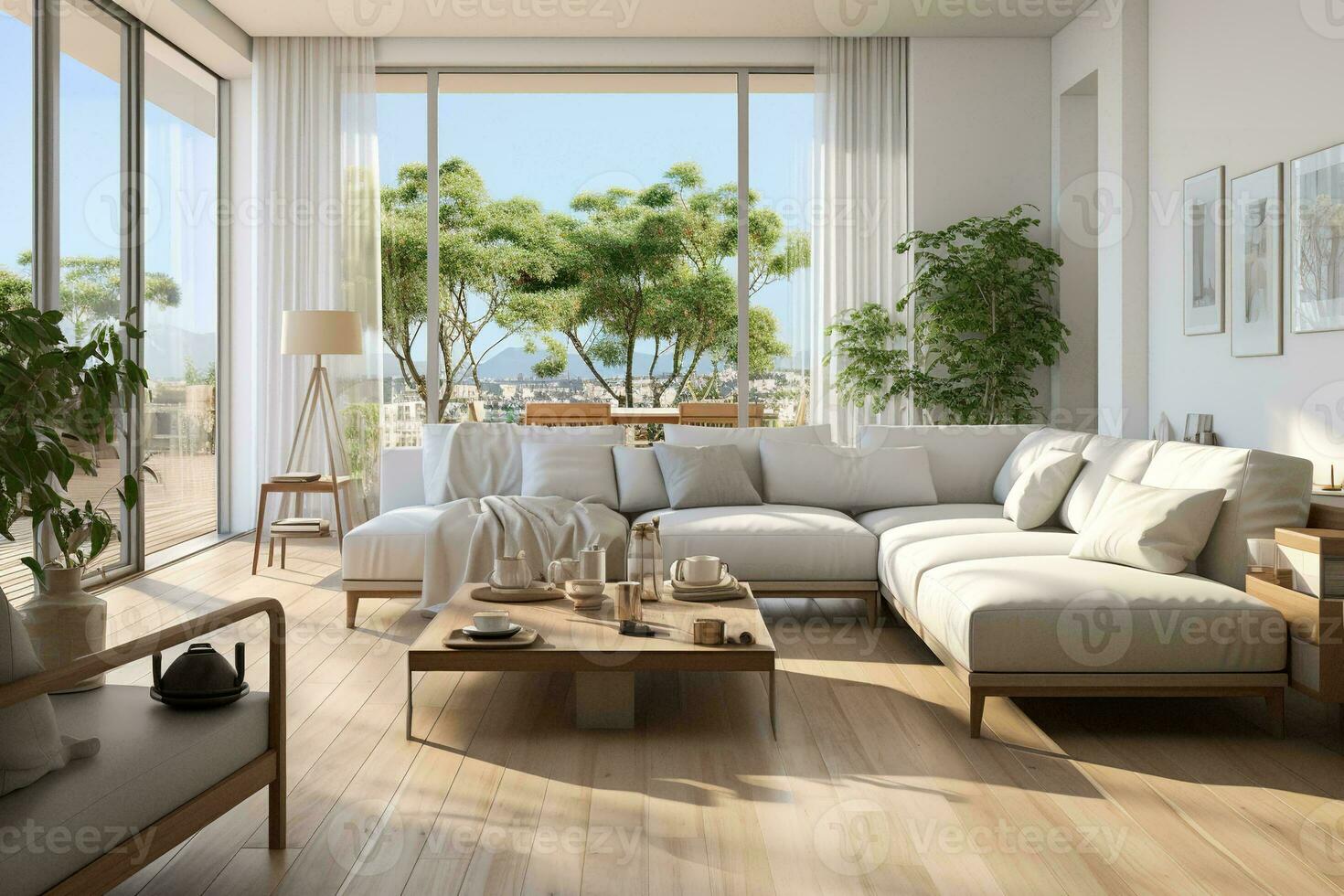 AI generated a modern living room with a stunning view of nature. The room is furnished with a white sectional sofa, a wooden coffee table, and a wooden side table. The floor is made of light wood photo