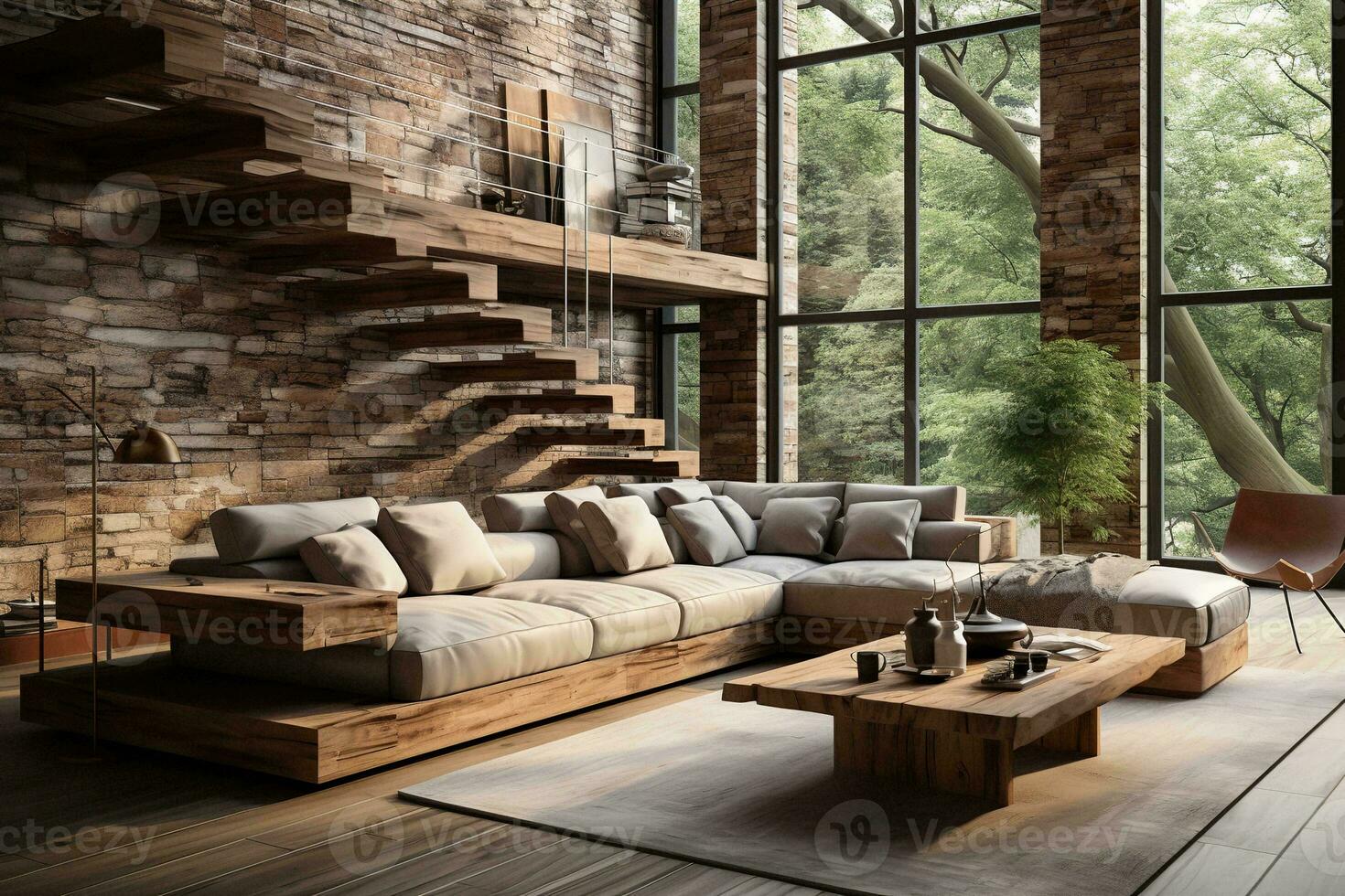 AI generated Bright and airy living room with a brown leather couch, wooden coffee table, and stairs leading to a second floor. The living room has a lot of natural light coming in from the windows. photo