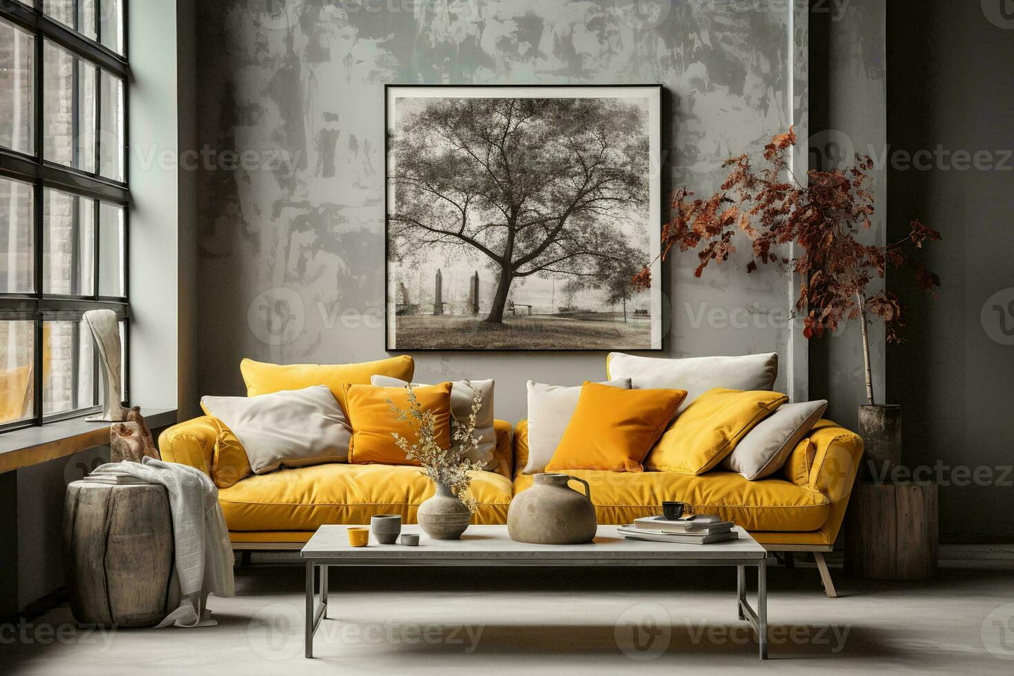 AI generated a modern living room with a yellow sofa, a coffee table, and a large black and white photograph on the wall. The room has a gray color scheme with a concrete wall and a large window. photo