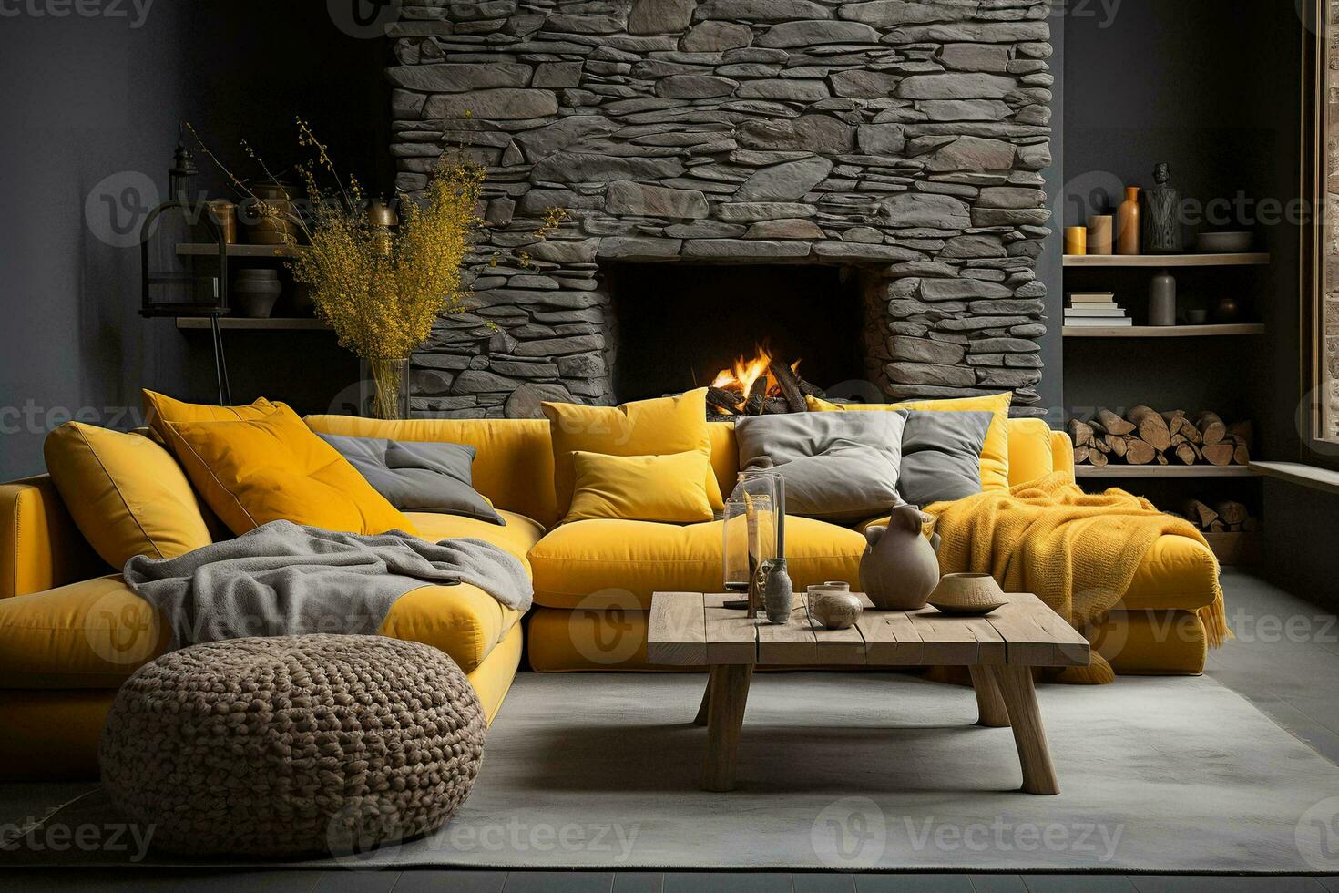 AI generated Modern farmhouse living room with a yellow couch, stone fireplace, and wood floors. The living room is decorated with rustic and modern elements, such as the exposed wood beams photo
