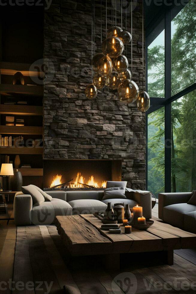 AI generated Soothing and serene living room with a white brick fireplace, wooden coffee table, and plush seating, creating a cozy and inviting space to relax and unwind. photo