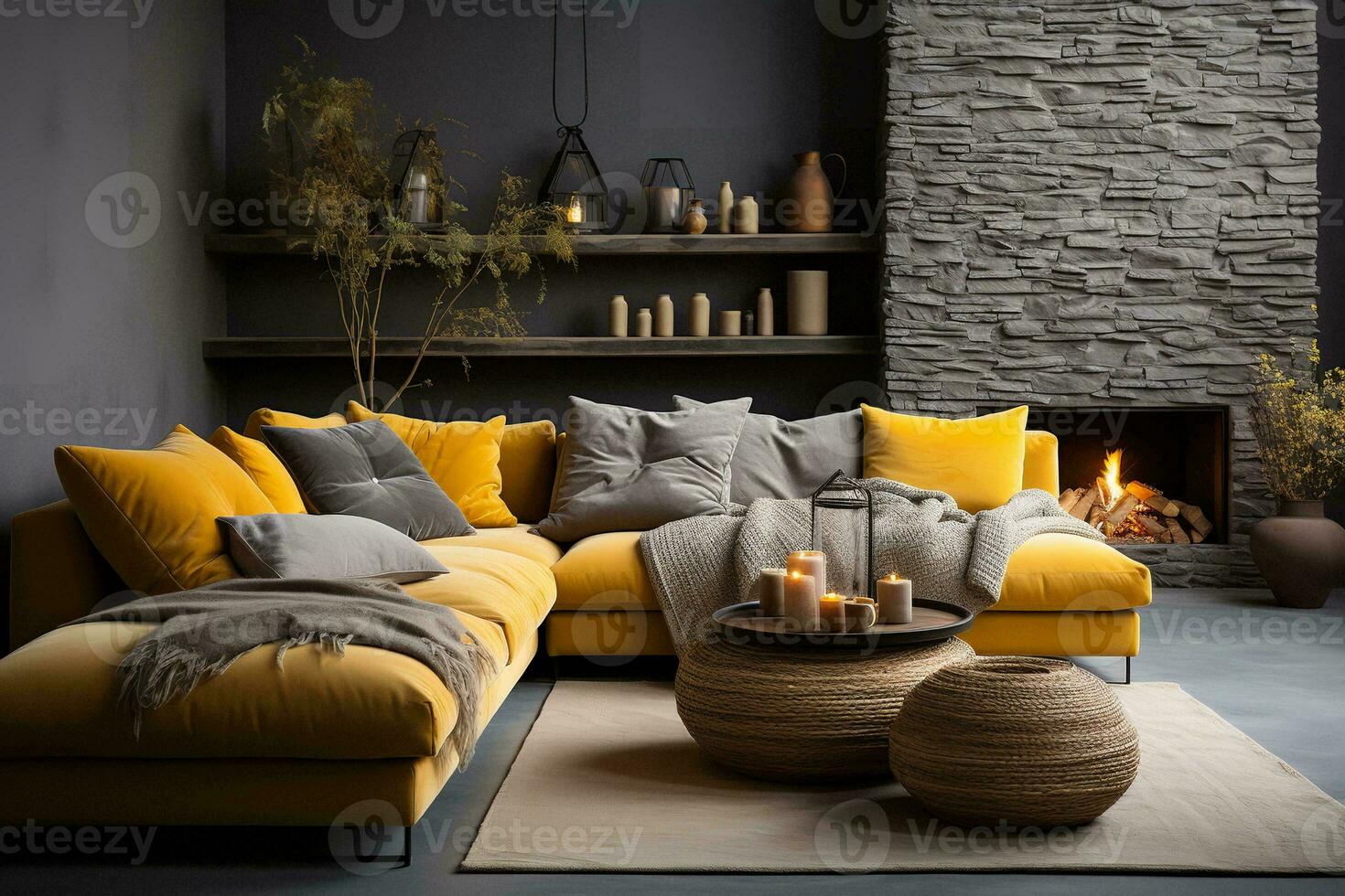 AI generated Rustic-modern living room with a fireplace, couch, and TV. The room has exposed wood beams and brick walls, which give it a rustic charm. The couch and TV are modern and sleek photo
