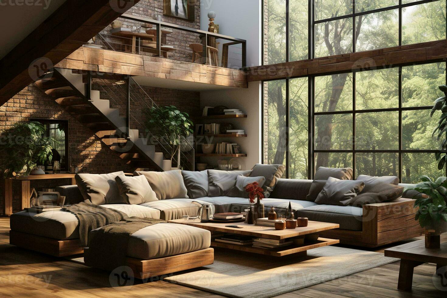 AI generated Modern living room with a fireplace, couch, coffee table, and stairs. The room has a clean and minimalist design, with white walls and light wood floors. The fireplace is the focal point photo