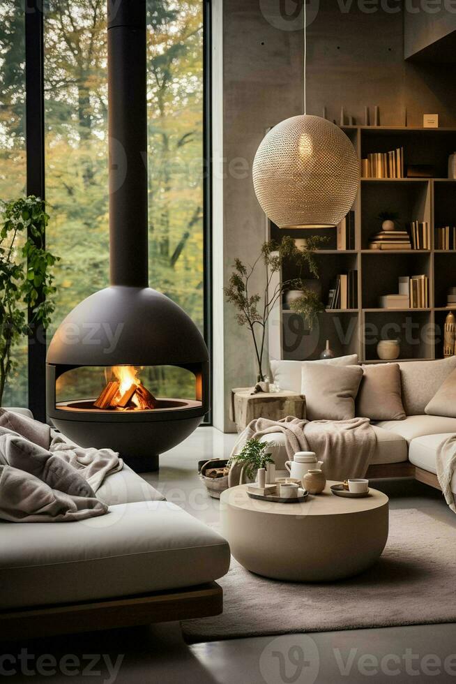 AI generated The room is decorated with a painting, vases, and other accessories. The large windows offer a stunning view of trees and mountains. photo