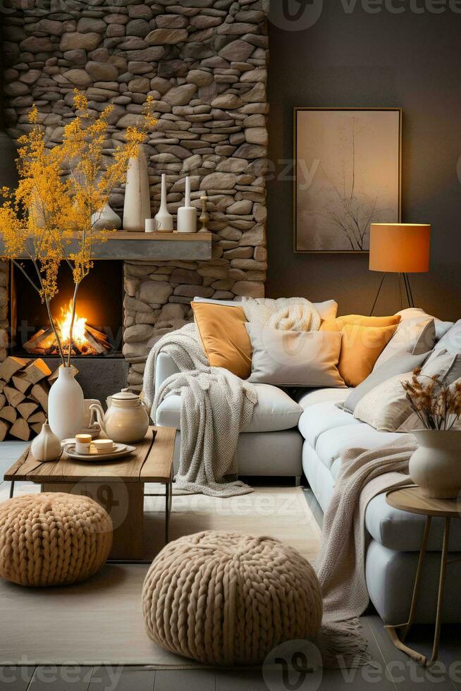 AI generated Cozy rustic living room with stone fireplace, leather sofa, coffee table, ottoman, and wood accents. The fireplace is roaring, and the room is filled with the warm glow of the fire. photo