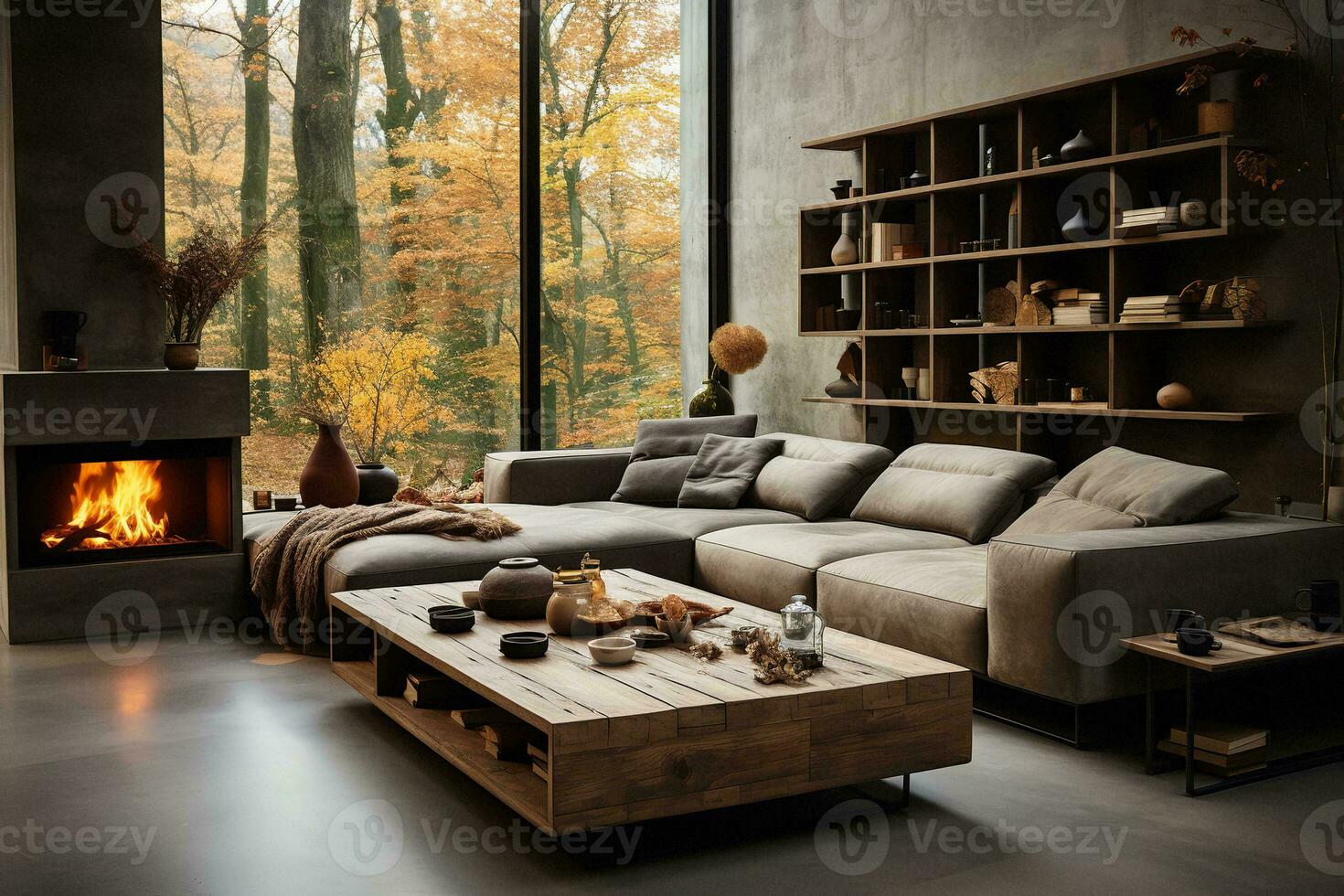AI generated a modern living room with a fireplace, large windows, and a cozy atmosphere. The room is decorated with a gray sectional sofa, a wooden coffee table, and a bookshelf. photo
