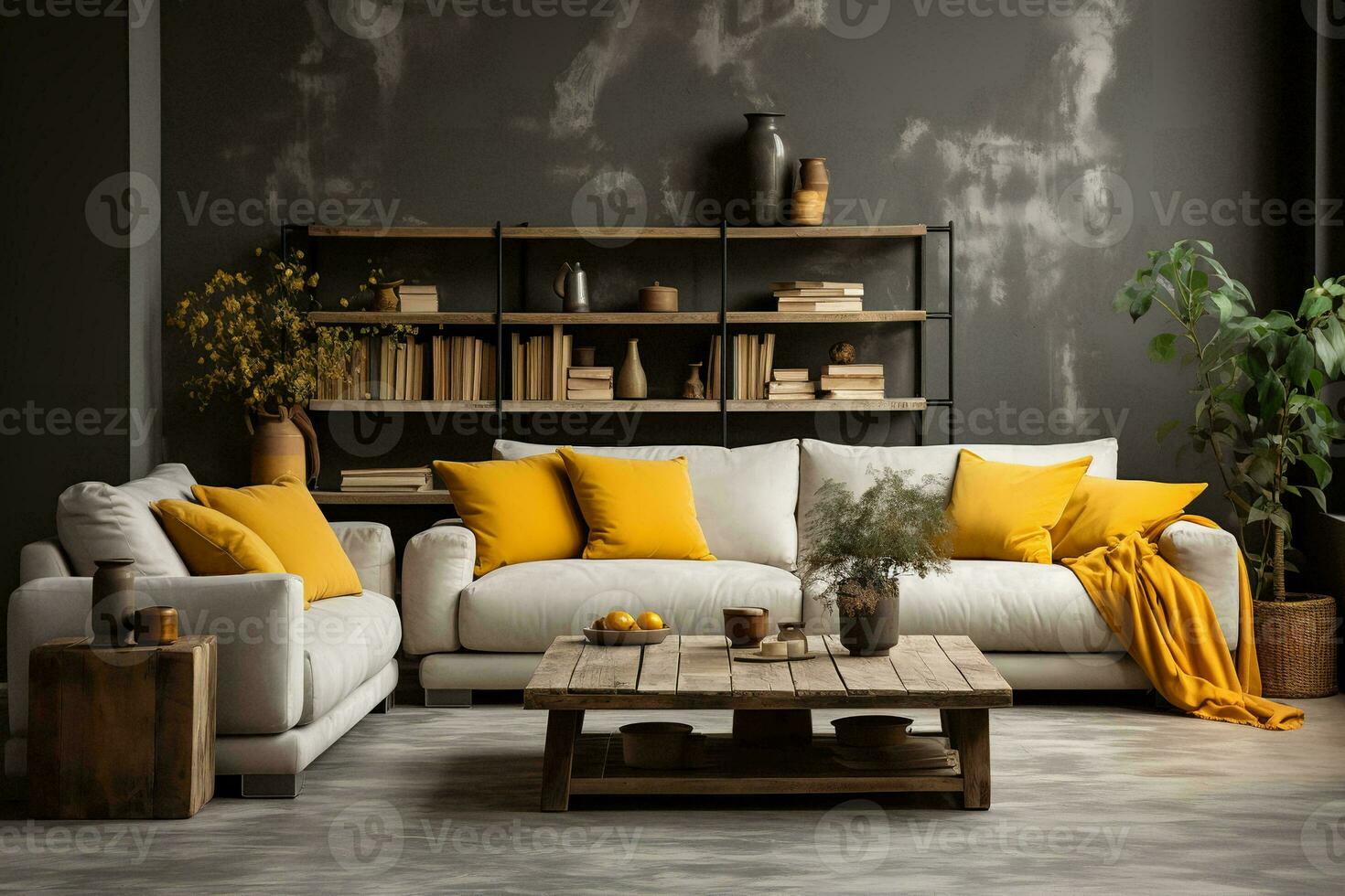 AI generated a modern living room with a gray wall and a white sofa with yellow pillows. The room has a wooden coffee table and a bookshelf with various decorations. The room also has a plant photo