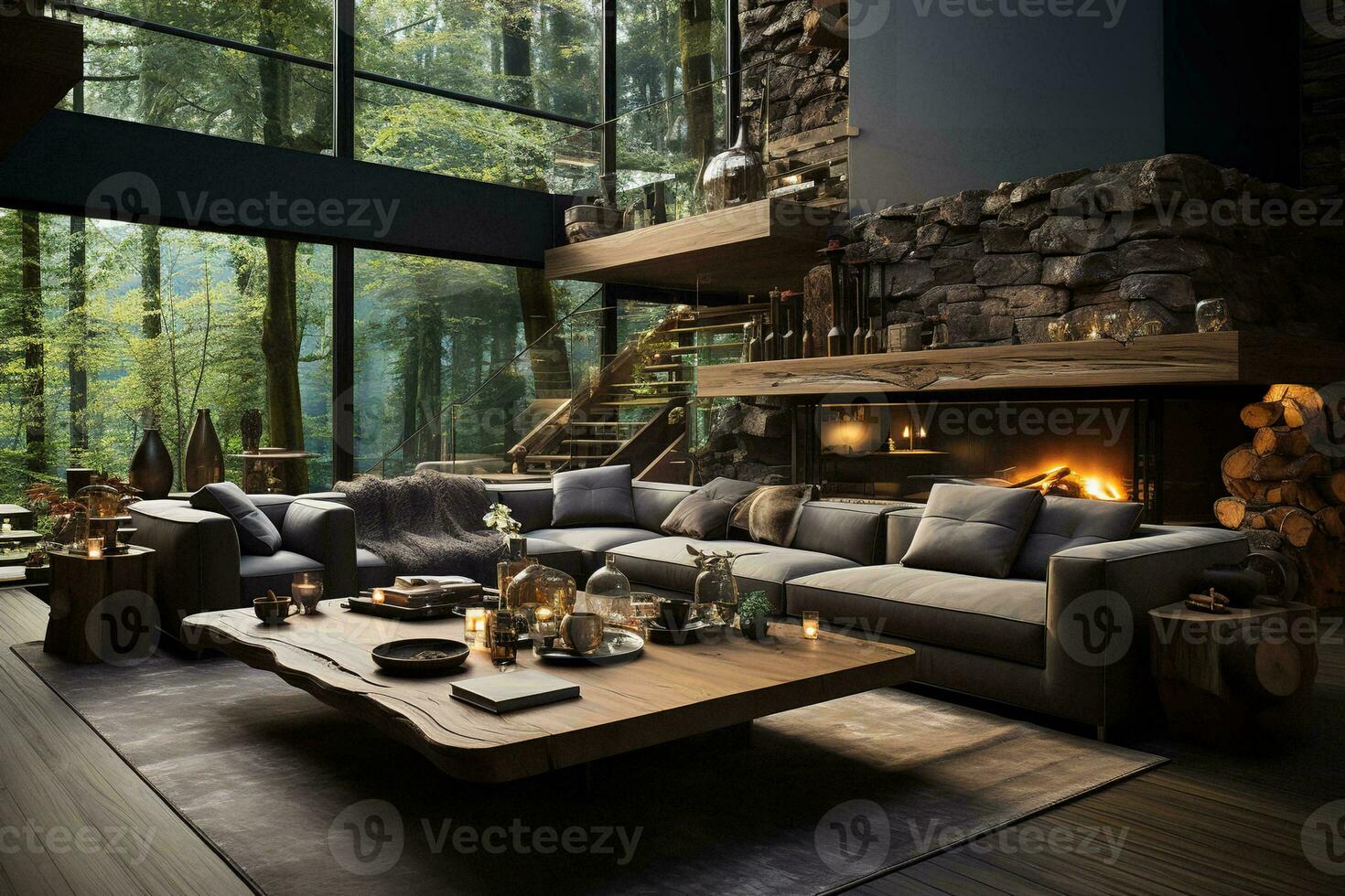 AI generated Rustic living room with a fireplace, couch, TV, exposed wood beams, and wood floors. The living room has a view of the woods through a large window. The fireplace is made of stone photo