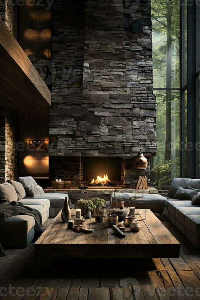 AI generated Inviting living room with a grand stone fireplace, cozy sectional couch, and rustic wood coffee table, offering a warm and welcoming atmosphere. The high ceilings and large windows flood photo