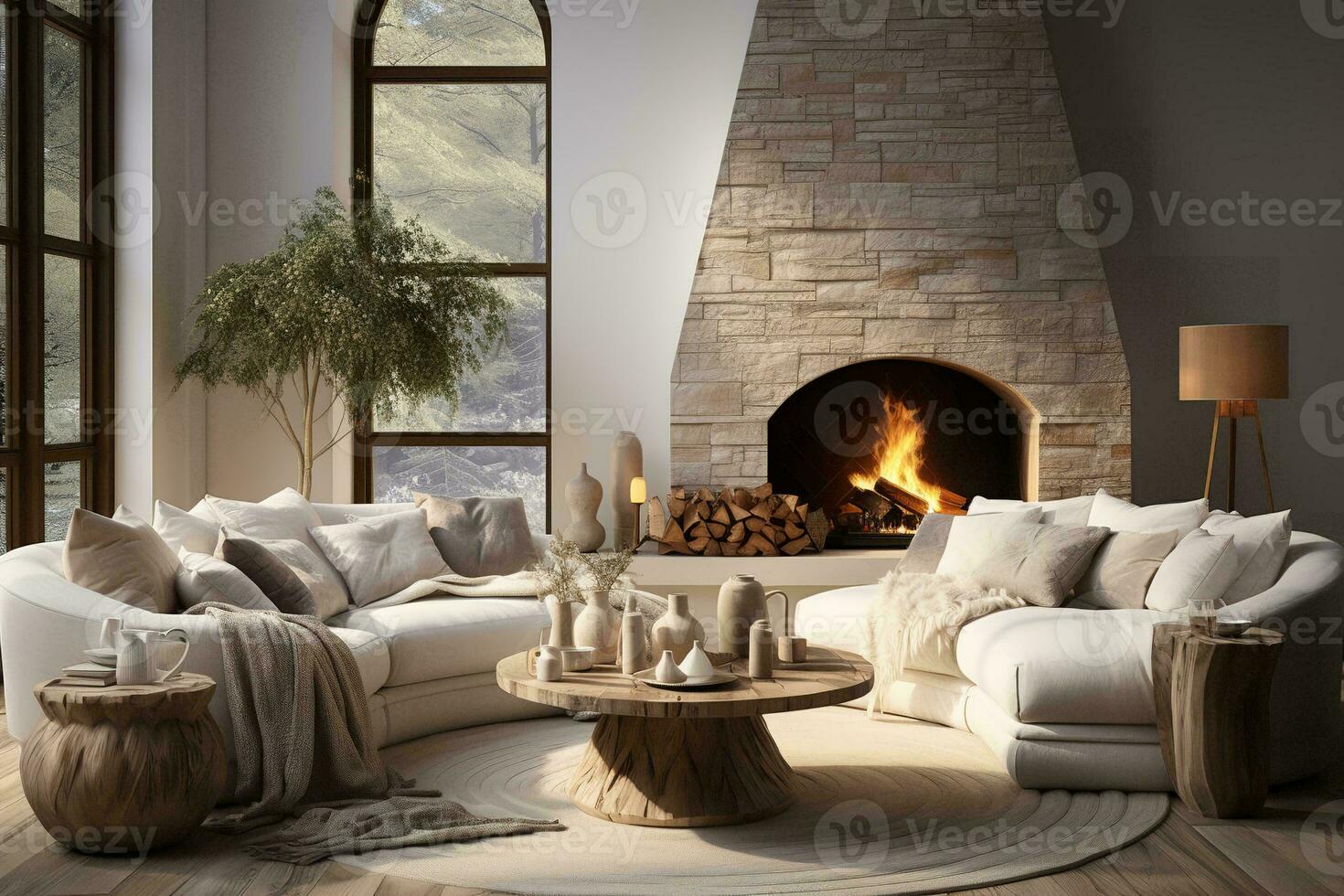 AI generated A living room with a large L-shaped sectional couch and a wooden coffee table in front of a fireplace. The couch is covered in a soft gray fabric and has throw pillows in various colors. photo